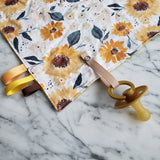 Mini doudou étiquettes TOURNESOLS, doudou sensoriel, attache pour suce, cadeau de shower