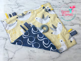 Doudou étiquettes MOUETTES, goéland, mini doudou, doudou sensorielle, bille de dentition, accessoire pour bébé, cadeau de shower